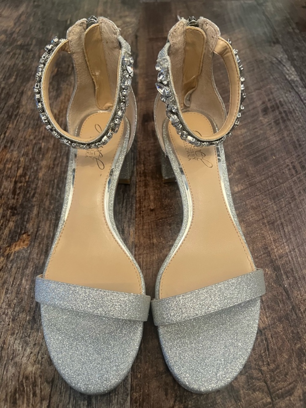 Jewel Badgley Mischka Silver Glitter Jeweled Ankle-Strap Heels